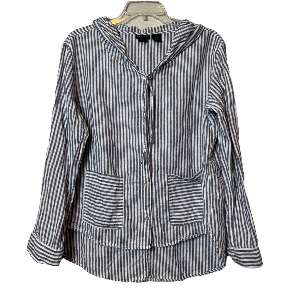 Tahari 100% Linen Button Up Hooded Shirt Top Pockets Blue & White Striped Size S